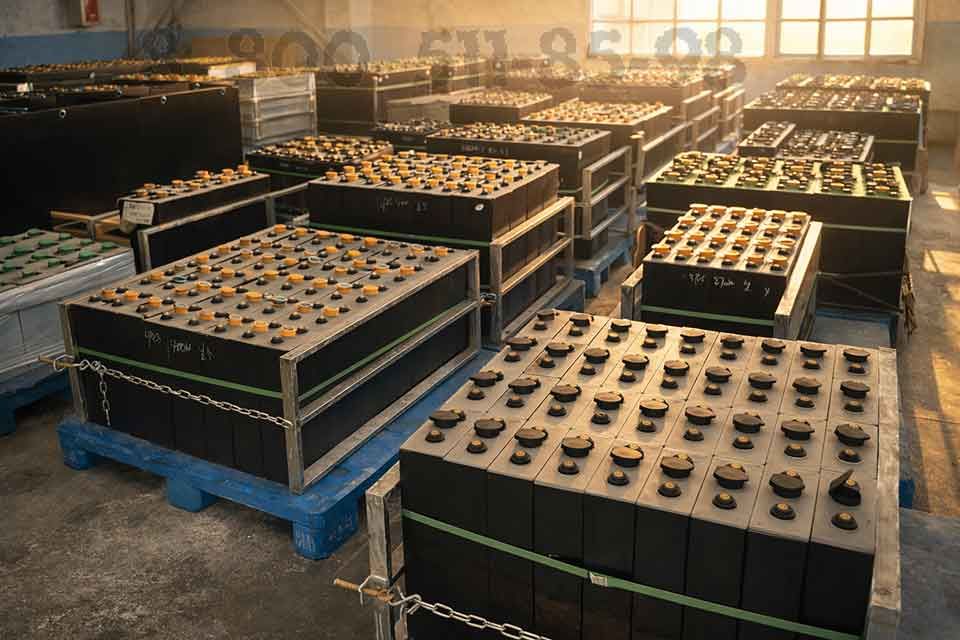 Тяговые свинцово-кислотные аккумуляторы для складской техники на хранении, готовые к эксплуатации и обслуживанию в промышленном парке