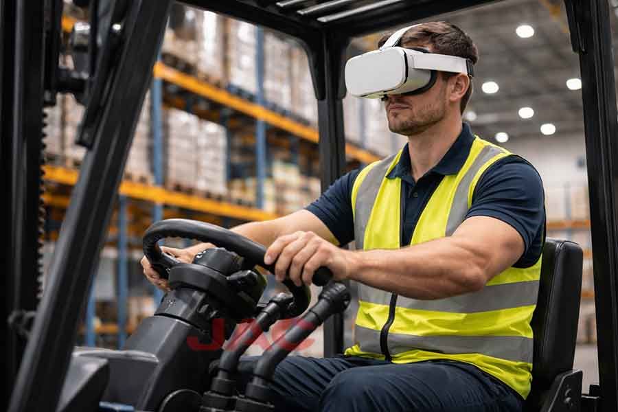 Оператор вилочного погрузчика проходит обучение на складе с использованием VR-гарнитуры, демонстрируя применение цифровых технологий и виртуальной реальности в подготовке персонала.