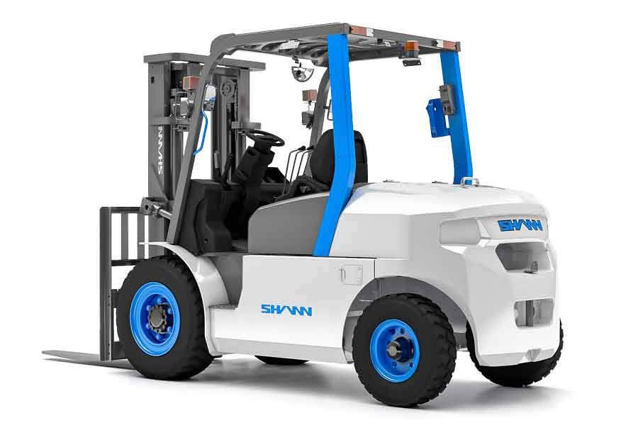 Электромобильный погрузчик FBP50 mini грузоподъемностью 5 тонн на современном складе с паллетными стеллажами
