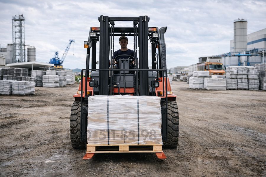 дизельный погрузчик с грузом на паллете при работе на открытой промышленной площадке