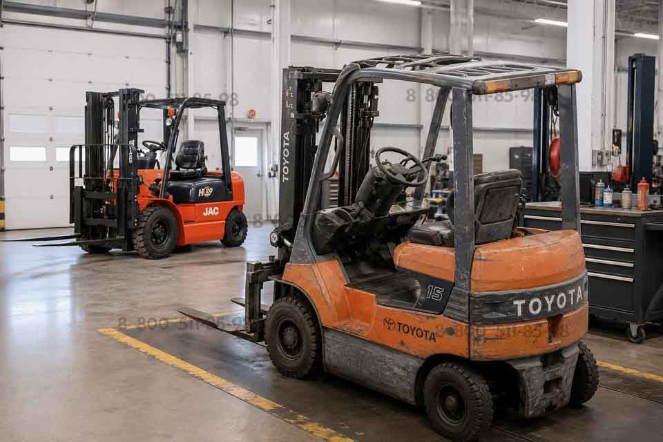 Изношенный вилочный погрузчик Toyota в ремонтной зоне и новый погрузчик JAC, подготовленный к работе на складе.