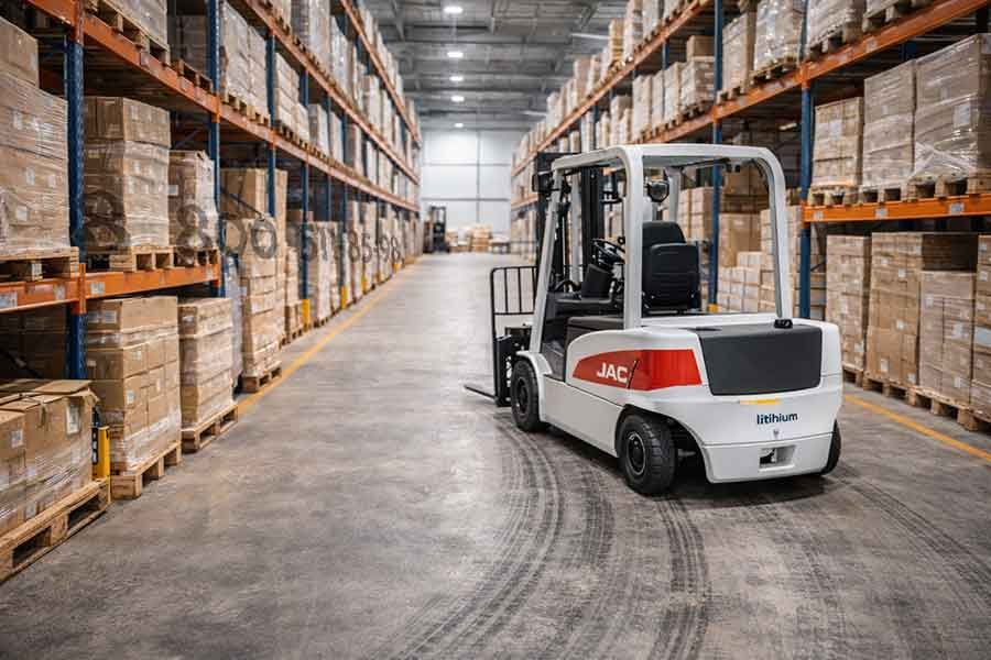 Электрический вилочный погрузчик JAC в складском проходе обеспечивает бесперебойную работу логистического центра за счет эффективного аккумуляторного питания
