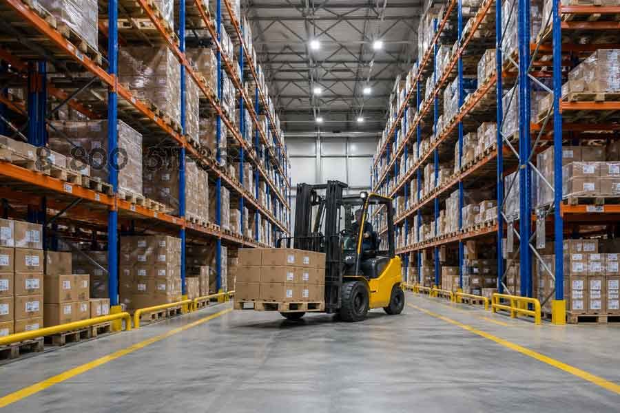 вилочный погрузчик в складском проходе с паллетой грузов демонстрация работы с разной грузоподъемностью