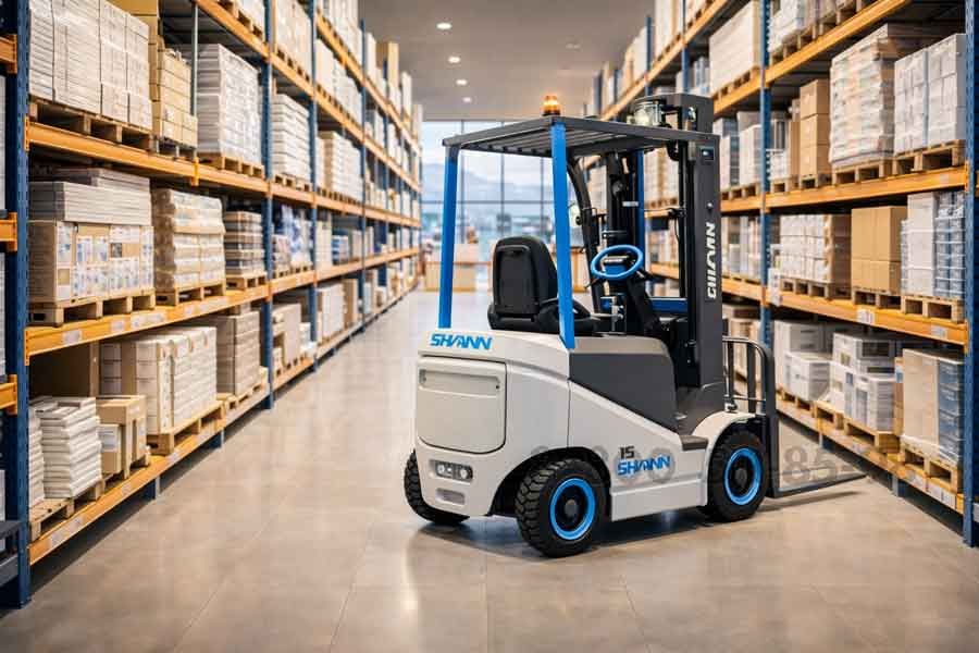 Электропогрузчик SHANN в узком проходе складских стеллажей с товарами, использование складской техники в логистике розничного магазина